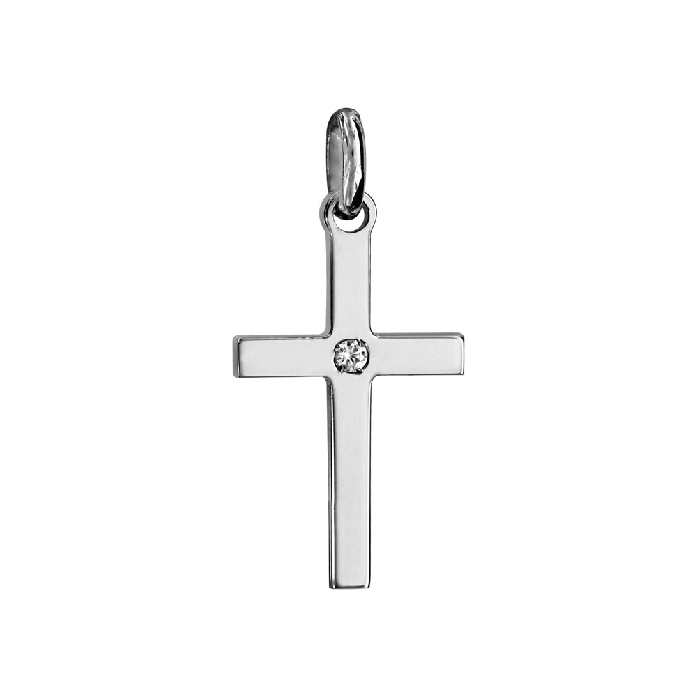 Pendentif croix en argent rhodi� petit mod�le avec 1 oxyde blanc serti au centre - Vue 1