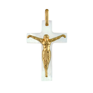 Pendentif croix en nacre blanche véritable avec Jésus Christ en vermeil - Vue 1