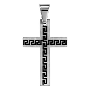 Pendentif en acier croix avec méandres grecs noirs - Vue 1