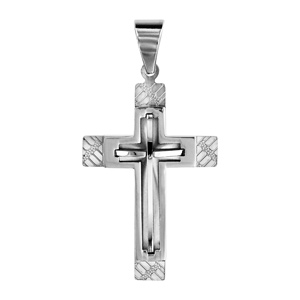 Pendentif en acier croix avec striures sur les bords et croix superpose au milieu - Vue 1