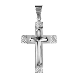 Pendentif en acier croix avec striures sur les bords et vrois superposée au milieu - Vue 1
