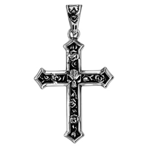 Pendentif en acier croix avec tte de mort et volutes patines - Vue 1