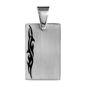 Pendentif en acier plaque G.I. rectangulaire avec motif tribal noir sur le ct - Vue 1