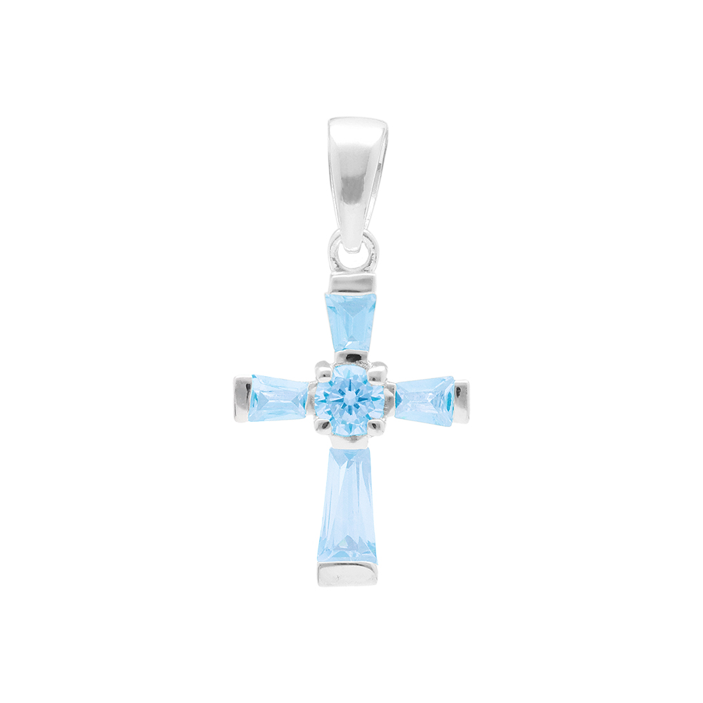 Pendentif en argent croix 19mm x 13mm avec oxydes bleu ciel - Vue 1