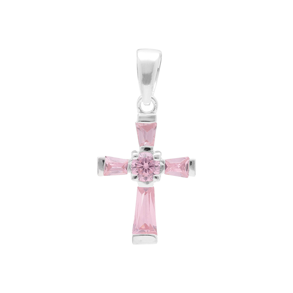 Pendentif en argent croix 19mm x 13mm avvec oxydes roses - Vue 1