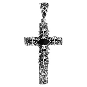 Pendentif en argent croix patinée têtes de morts et oxyde noir serti - Vue 1