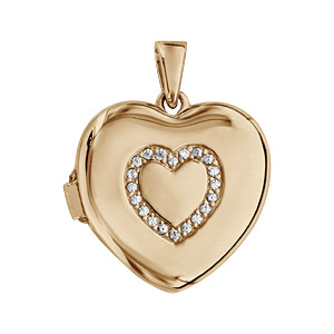 Pendentif en argent et dorure jaune cassolette coeur avec coeur en oxydes blancs sertis sur le dessus - dimension 20mm - possibilit d\'insrer 1 ou 2 photos droite et gauche - Vue 1