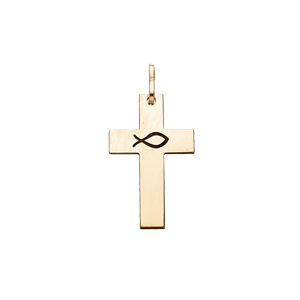 Pendentif en argent et dorure jaune croix avec gravure Ichthus symbole du poisson - Vue 1