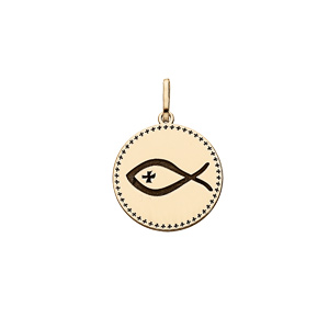 Pendentif en argent et dorure jaune médaille religieuse gravure Ichthus symbole du poisson - Vue 1