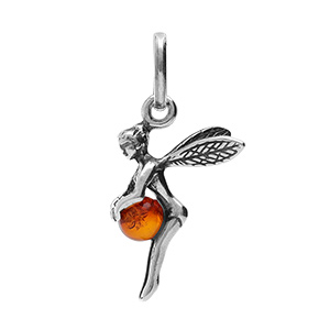 Pendentif en argent f�e elfe qui tient 1 boule en ambre v�ritable