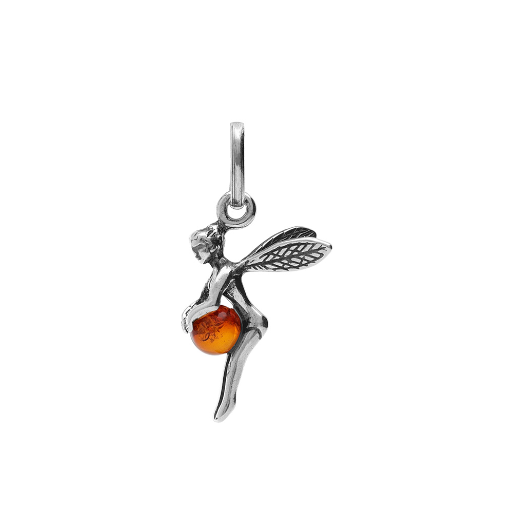 Pendentif en argent f�e qui tient 1 boule en ambre - Vue 1