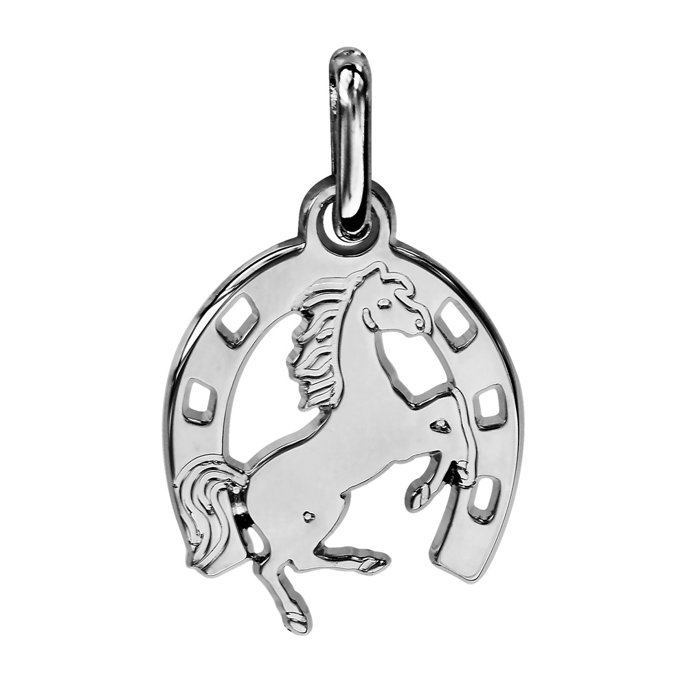 Pendentif en argent fer � cheval avec cheval cabr� au milieu - Vue 1