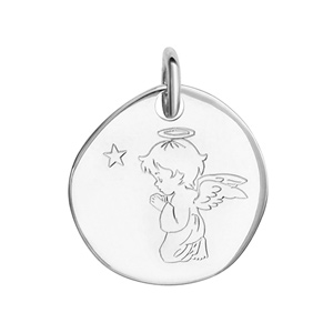 Pendentif en argent galet avec ange qui prie grav - diamtre 16mm - Vue 1