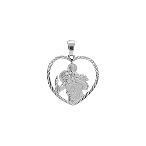 Pendentif en argent platine coeur 20mm saint-Christophe avec contour diamanté - Vue 1