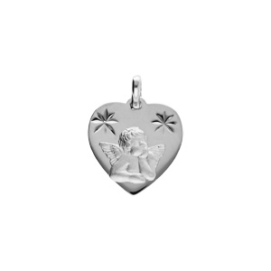 Pendentif en argent platin coeur contour diamant avec Ange - Vue 1