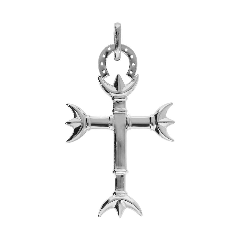Pendentif en argent platin� croix Camarguaise grand mod�le avec trident et fer � cheval - - Vue 1