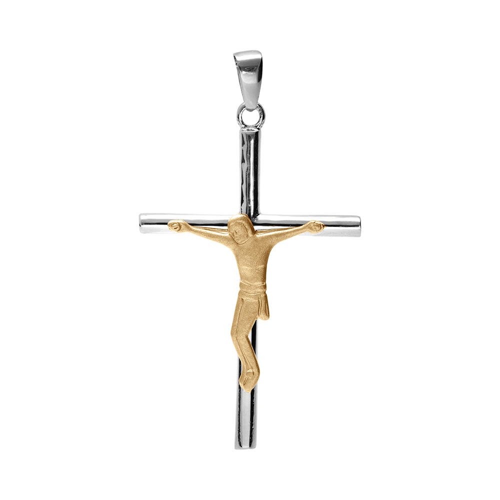 Pendentif en argent platin� et argent dor� croix avec christ 34 x 22mm - Vue 1