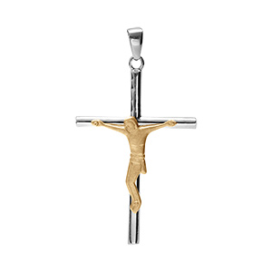 Pendentif en argent platin� et argent dor� croix avec J�sus Christ 34 x 22mm