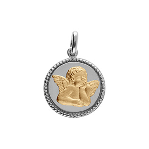 Pendentif en argent platiné et argent doré médaille 15mm contour diamanté avec Ange - Vue 1