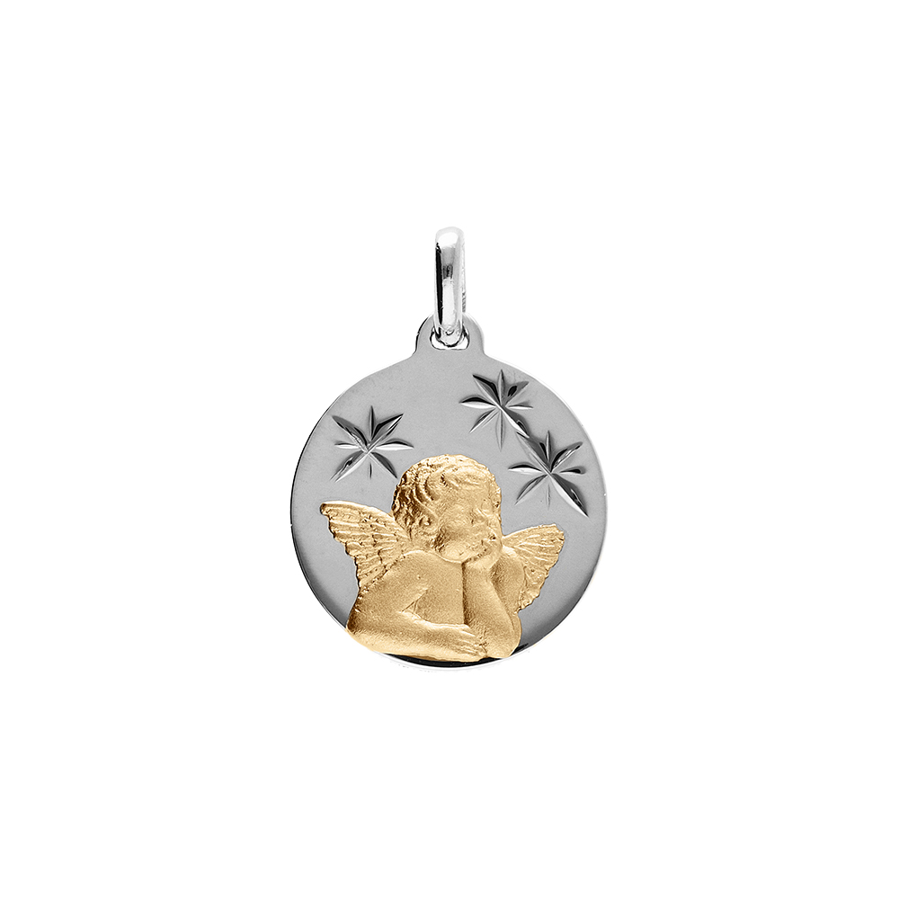 Pendentif en argent platin� et argent dor� m�daille 15mm diamant� etoile avec Ange - Vue 1