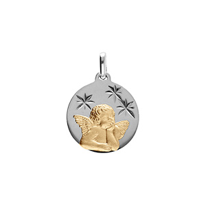 Pendentif en argent platiné et argent doré médaille 15mm diamanté etoile avec Ange - Vue 1