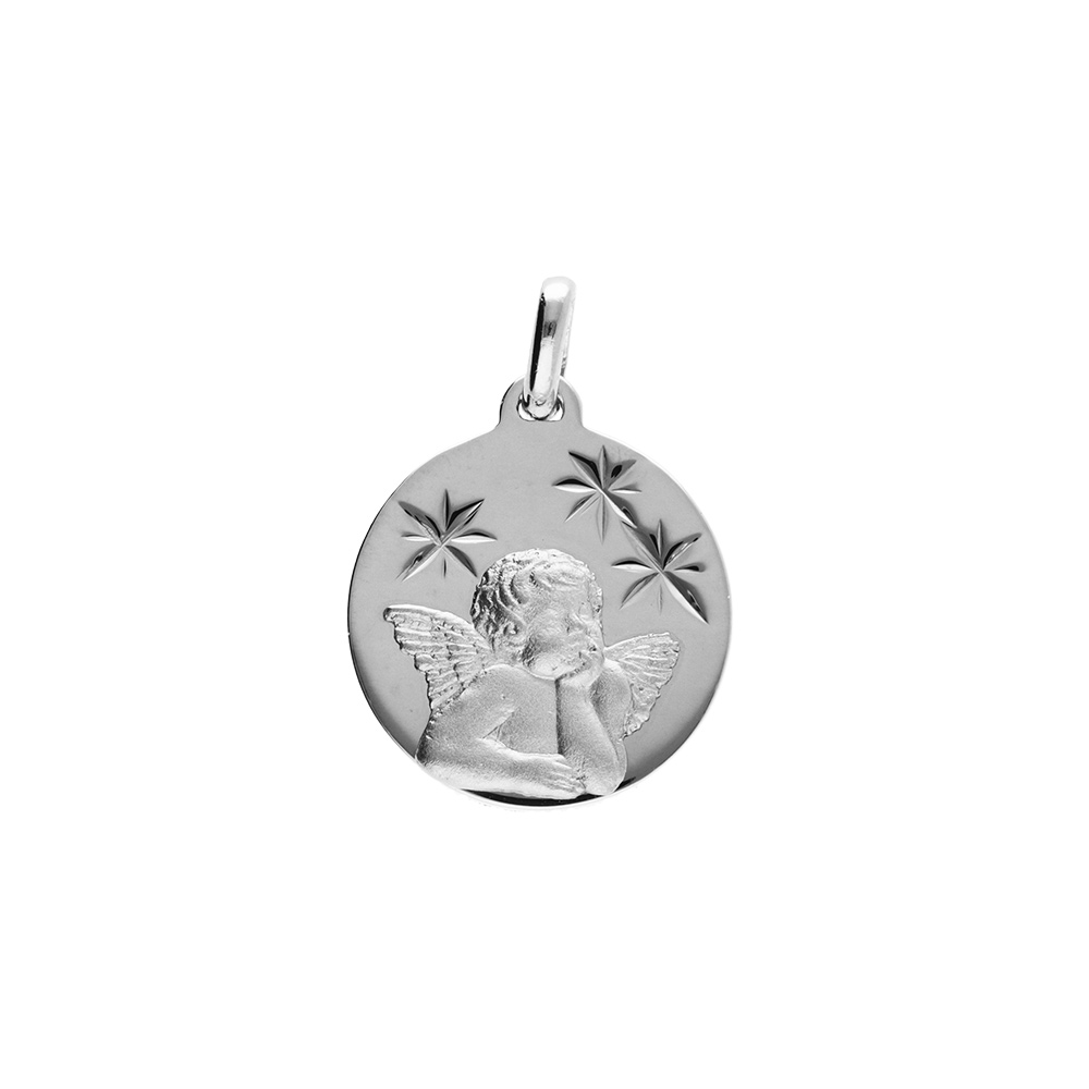 Pendentif en argent platin� m�daille 15mm diamant� �toile avec Ange - Vue 1