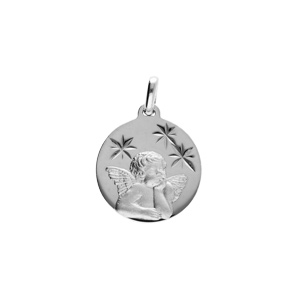 Pendentif en argent platin mdaille 15mm diamant toile avec Ange - Vue 1