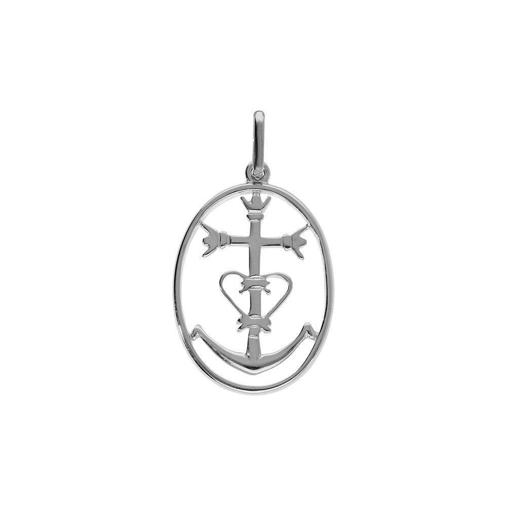 Pendentif en argent platin� oval avec croix Camarguaise - Symbole de la Camargue - Vue 1