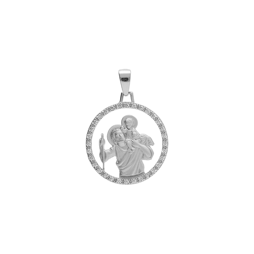 Pendentif en argent platine rond 18mm Saint Christophe avec contour d\'oxydes blancs sertis - Vue 1
