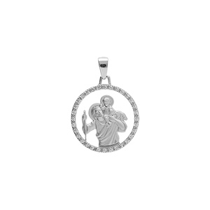 Pendentif en argent platine rond 18mm Saint Christophe avec contour d'oxydes blancs sertis