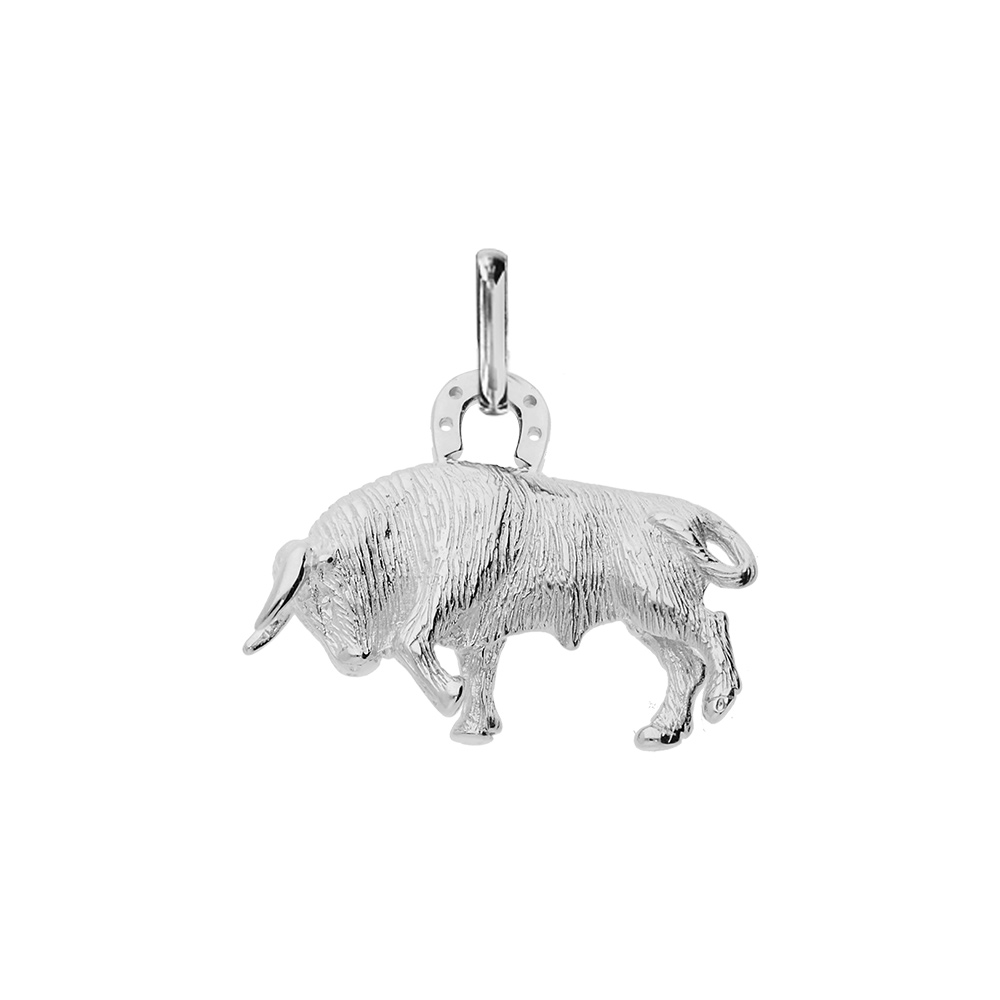Pendentif en argent platin� taureau Camarguais et fer � cheval - Symbole de la Camargue - Vue 1