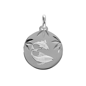 Pendentif en argent rhdoie médaille 15mm diamanté zodiaque poissons - Vue 1