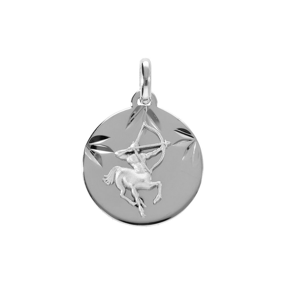 Pendentif en argent rhdoie m�daille 15mm diamant�e zodiaque sagittaire - Vue 1