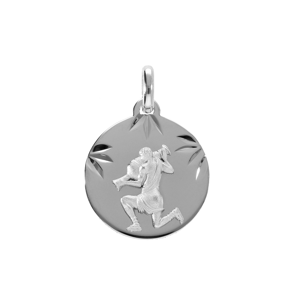Pendentif en argent rhdoie m�daille 15mm diamant�e zodiaque verseau - Vue 1