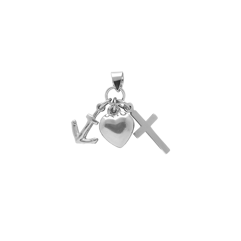Pendentif en argent rhodi� ancre, coeur et croix (charit�, foi, esperance) - Vue 1