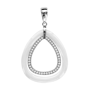 Pendentif en argent rhodié 2 anneaux en forme de goutte, 1 à l\'intérieur en céramique blanche et l\'autre à l\'extérieur orné d\'oxydes blancs sertis - Vue 1