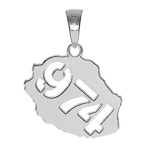 Pendentif en argent rhodi carte de l\'le de la Runion dcoupe 974 - Vue 1