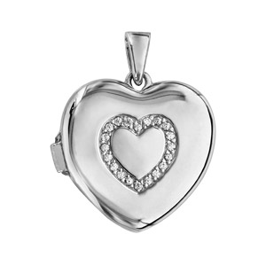 Pendentif en argent rhodi cassolette coeur avec coeur en oxydes blancs sertis sur le dessus - dimension 20mm - possibilit d\'insrer 1 ou 2 photos droite et gauche - Vue 1