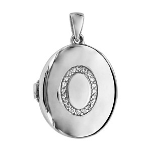 Pendentif en argent rhodi cassolette ovale avec ovale en oxydes blancs sertis sur le dessus - dimension 20mm - possibilit d\'insrer 1 ou 2 photos droite et gauche - Vue 1