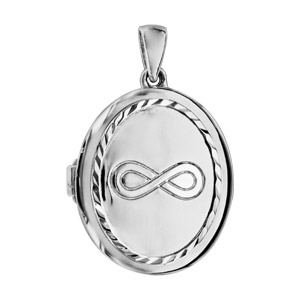 Pendentif en argent rhodié cassolette ovale avec symbole infini gravé sur le dessus - dimension 20mm - possibilité d\'insérer 1 ou 2 photos droite et gauche - Vue 1
