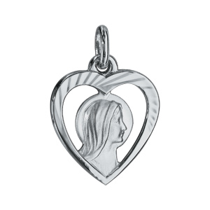 Pendentif en argent rhodié coeur avec vierge - Vue 1