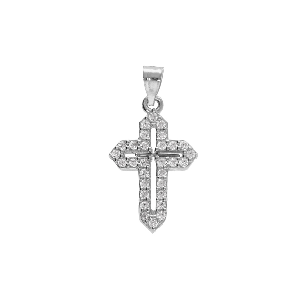 Pendentif en argent rhodi� croix 15x10mm avec oxydes blancs sertis - Vue 1