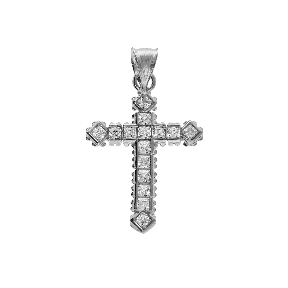 Pendentif en argent rhodi� croix 17x12mm avec oxydes blancs sertis - Vue 1