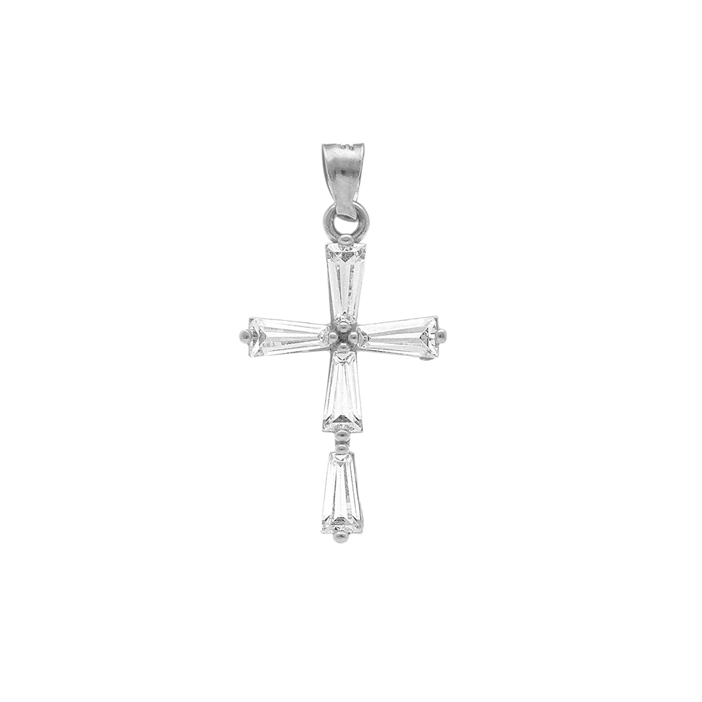Pendentif en argent rhodi� croix 20mm x 12mm oxydes blancs forme baguette - Vue 1