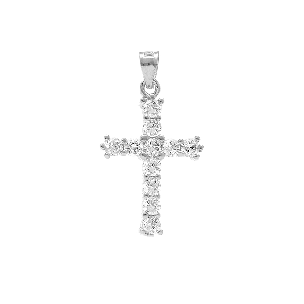 Pendentif en argent rhodi� croix 20mm x 13mm oxydes blancs sertis - Vue 1