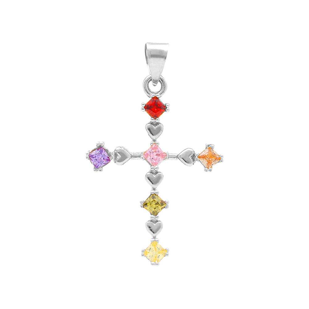 Pendentif en argent rhodi croix 20mm x 15mm oxydes multi couleurs - Vue 1