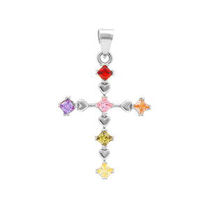 Pendentif en argent rhodié croix 20mm x 15mm oxydes multi couleurs - Vue 1