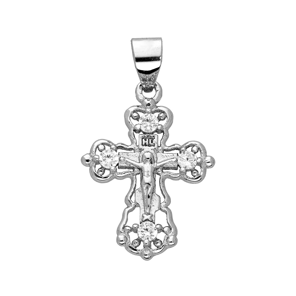 Pendentif en argent rhodi� Croix ajour�e avec J�sus Christ petit mod�le et oxydes blancs sertis - Vue 1