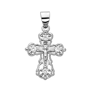 Pendentif en argent rhodi� Croix ajour�e avec J�sus Christ petit mod�le et oxydes blancs sertis