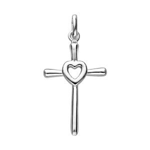 Pendentif en argent rhodi Croix avec coeur au centre - Vue 1